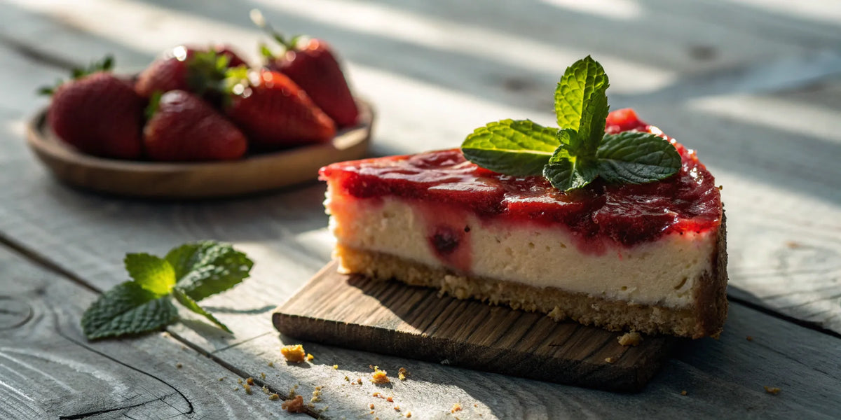 Strawberry cheesecake slice with fresh strawberries and mint.